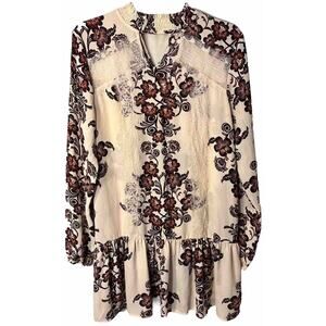 Alter'd State Cream Red Floral Lace Accent Long Sleeve Dress, Size M Boho Tunic